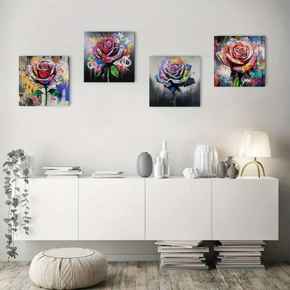 4pcs Vibrant Graffiti Rose Designs, Bold Street Wall Art Canvas Framed