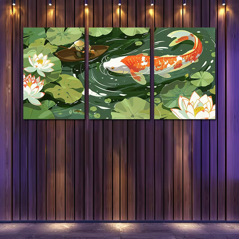 3pcs Fisherman on Boat Casting Net in Lotus Pond Wall Art Set Canvas Framed 60x90cm - High Quality Print 100% Australian Made Wall Canvas Ready to Hang