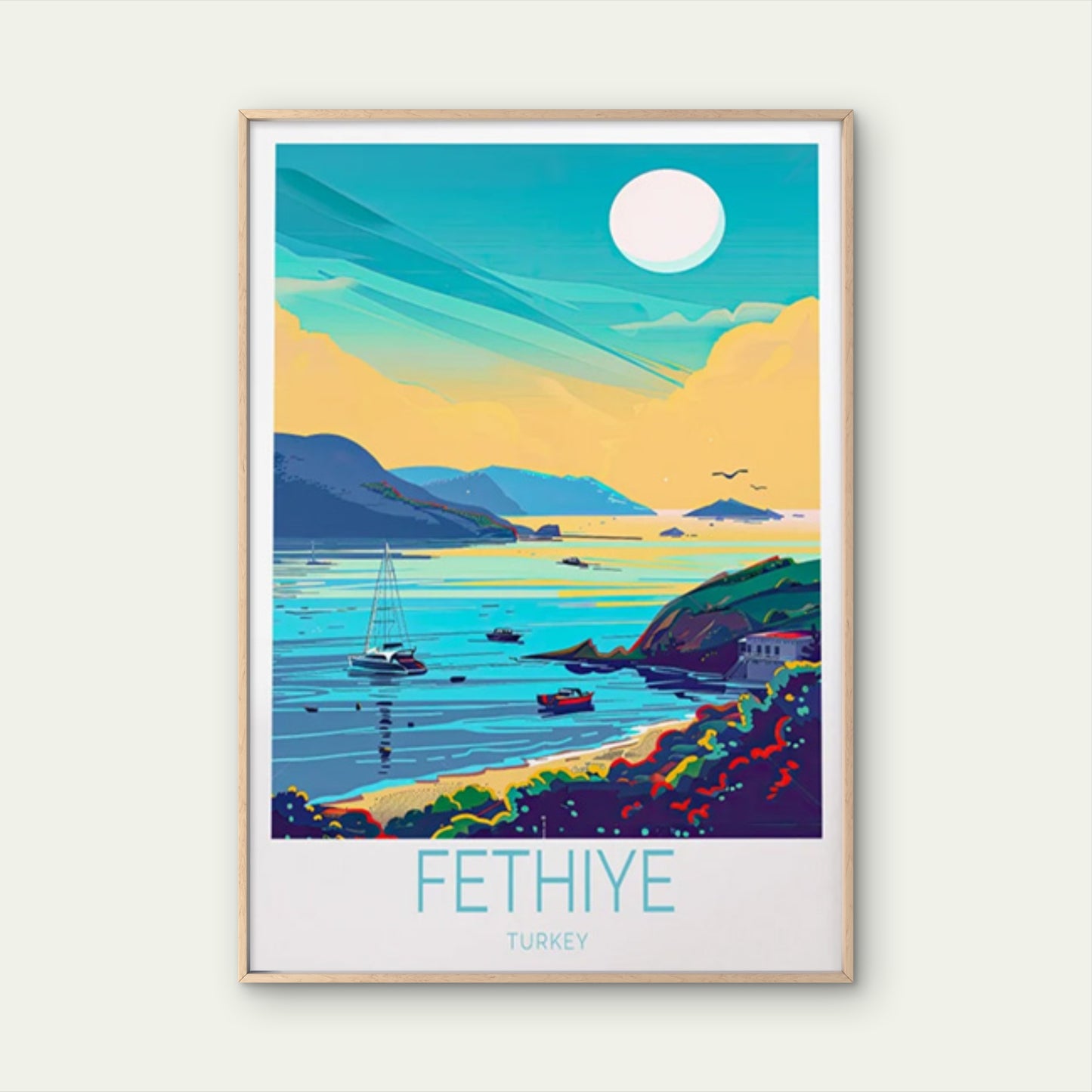 Fethiye Turkey, Beach & Full Moon Paint Travel Poster Print Wall Art