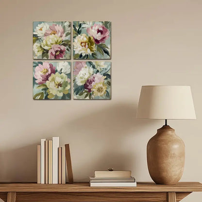 4pcs Green,Pink And White Flower Assent Wall Art Canvas Framed