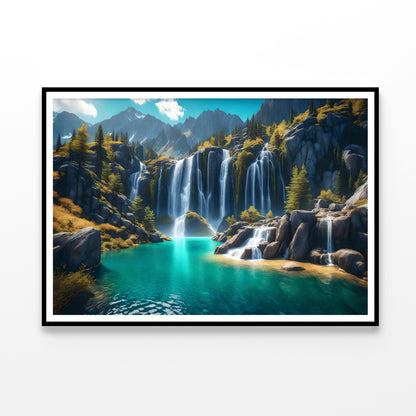 Waterfall, Mountains & Clear Blue Sky Home Decor Premium Quality Poster Print Choose Your Sizes