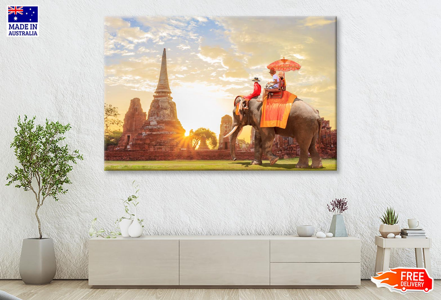 Elephant Tour Of the Ancient City in Sunrise Wall Art Decor 100% Australian Made