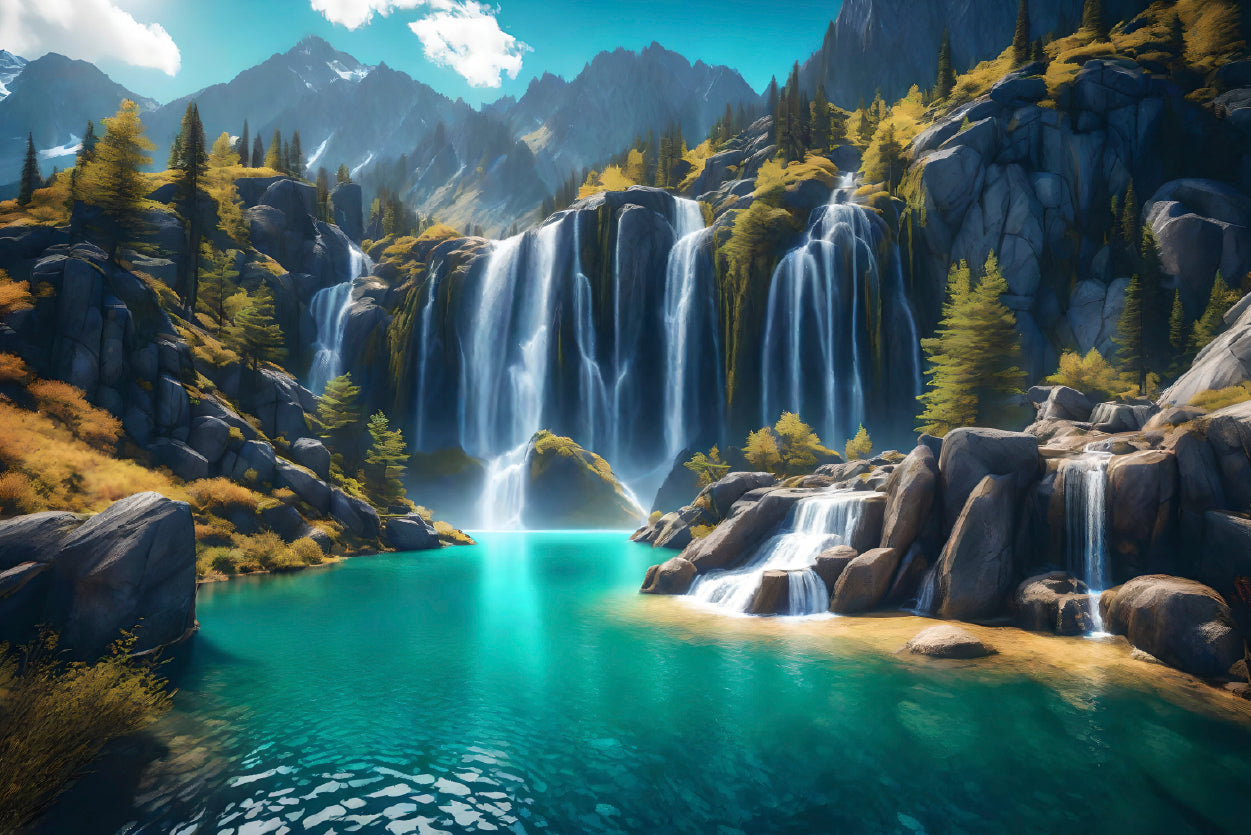 Waterfall, Mountains & Clear Blue Sky Home Decor Premium Quality Poster Print Choose Your Sizes