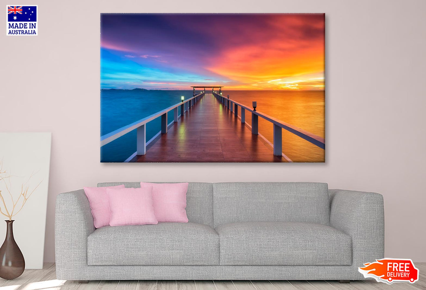 Landscape Of Wooded Bridge in The Port Between Sunrise  Wall Art Decor 100% Australian Made