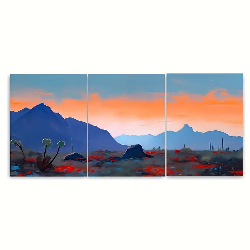 3pcs Blue Desert Mountain Range Sunset Metal Print Ready to Hang Art