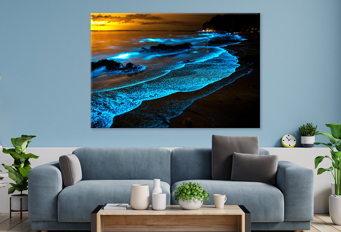 Bioluminescent Waves at Night Wall Art Decor 100% Australian Made