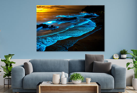 Bioluminescent Waves at Night Wall Art Decor 100% Australian Made