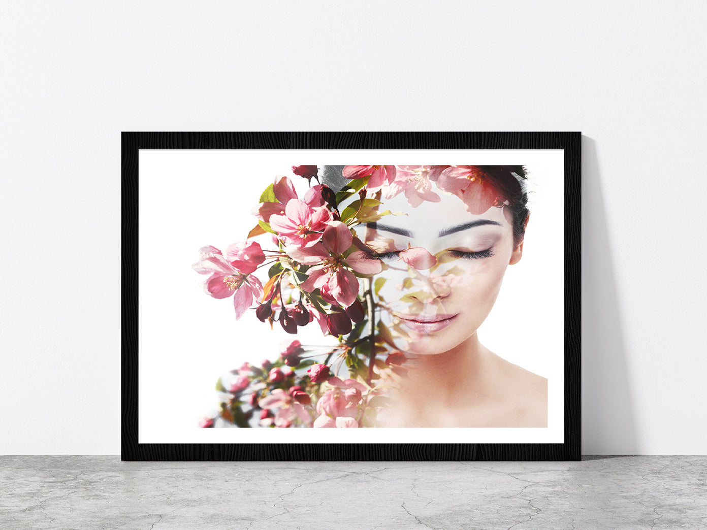 Girl With Flowers Show Nature Glass Framed Wall Art, Ready to Hang Quality Print With White Border Black