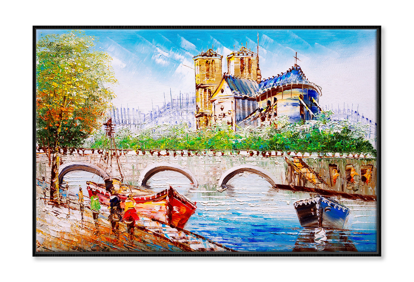 Notre-Dame de Bridge in Paris Oil Painting Wall Art Limited Edition High Quality Print Canvas Box Framed Black