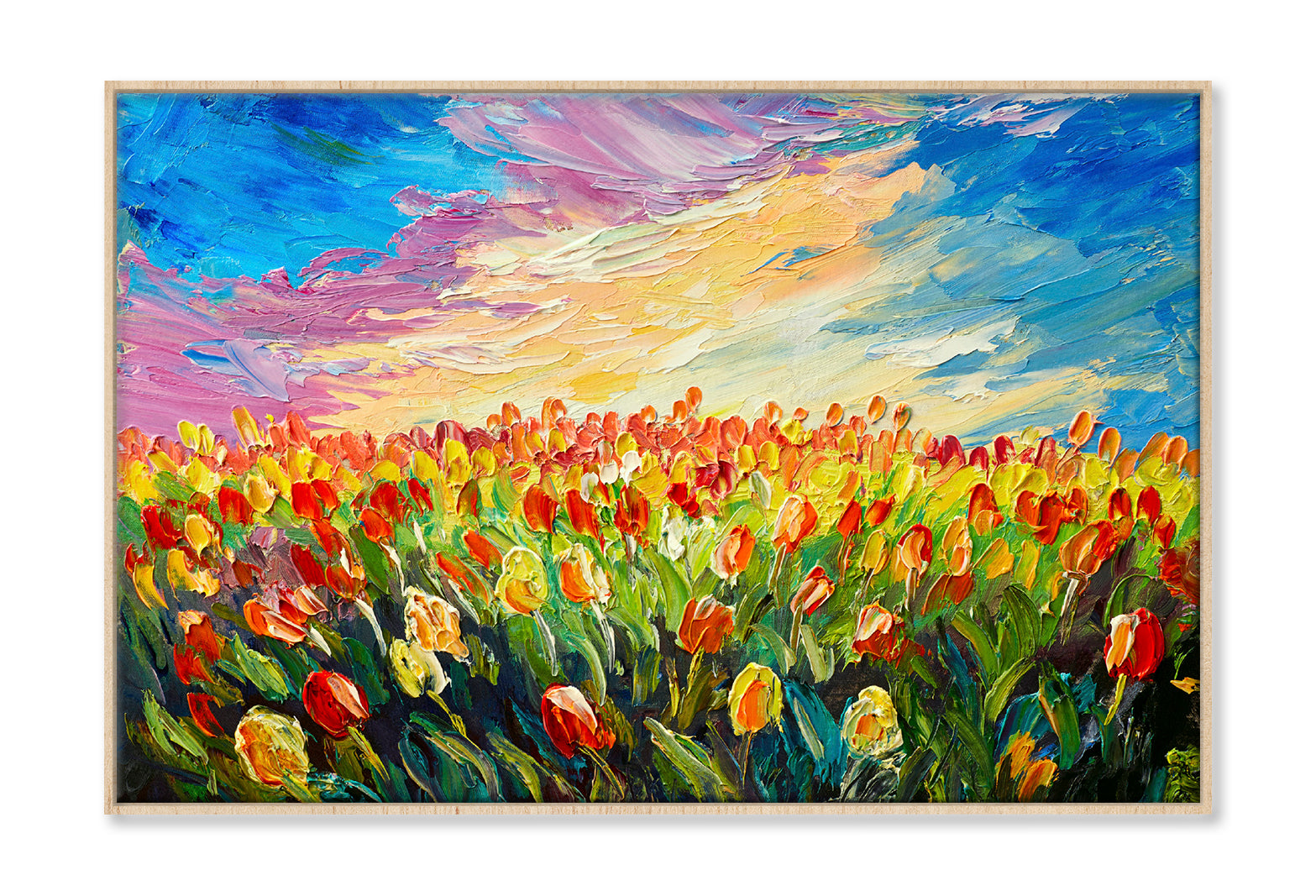 Tulips Flower Field under Sunrise Sky Oil Painting Wall Art Limited Edition High Quality Print Canvas Box Framed Natural