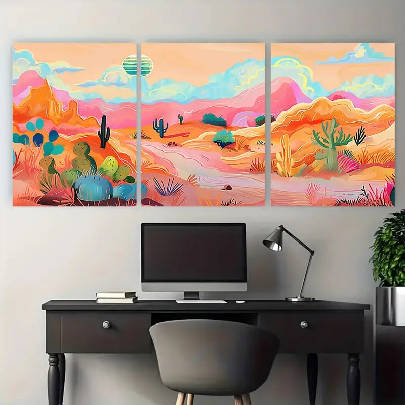 3pcs Neon Colorful Desert Cactus Metal Print Ready to Hang Art