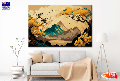 Brown Trees with Golden Flowers and Turquoise Wall Art Limited Edition High Quality Print