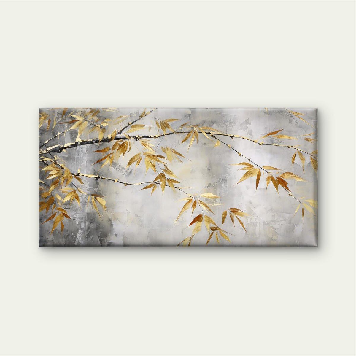Golden Zen Bamboo Leaf Branch Wall Art Canvas Office Home Room Framed 120x60cm