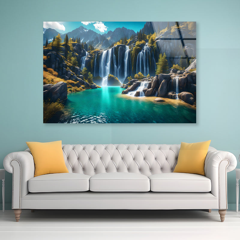 Waterfall, Mountains & Clear Blue Sky Acrylic Glass Print Tempered Glass Wall Art 100% Made in Australia Ready to Hang