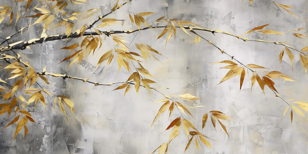 Golden Zen Bamboo Leaf Branch Wall Art Canvas Office Home Room Framed 120x60cm