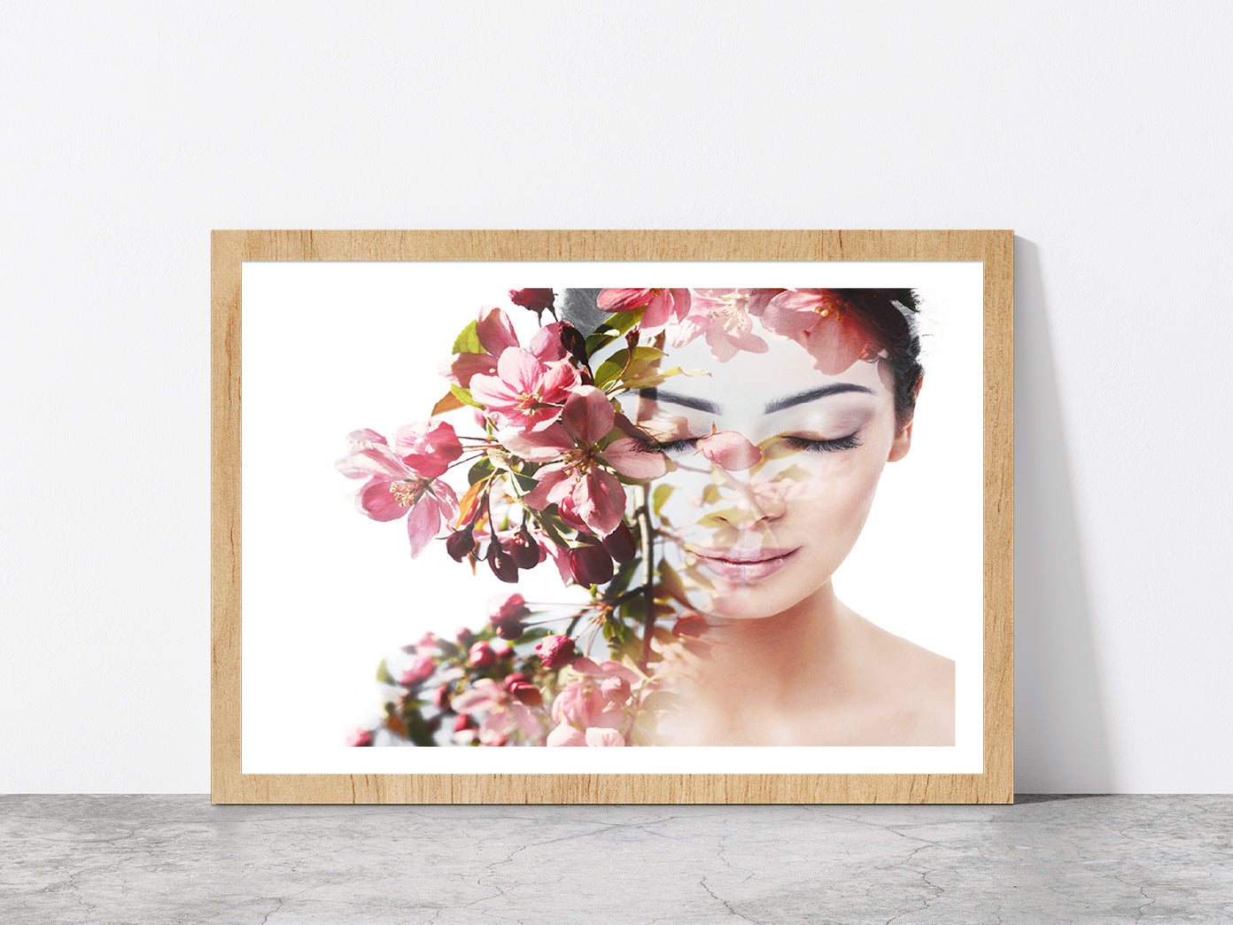 Girl With Flowers Show Nature Glass Framed Wall Art, Ready to Hang Quality Print With White Border Oak