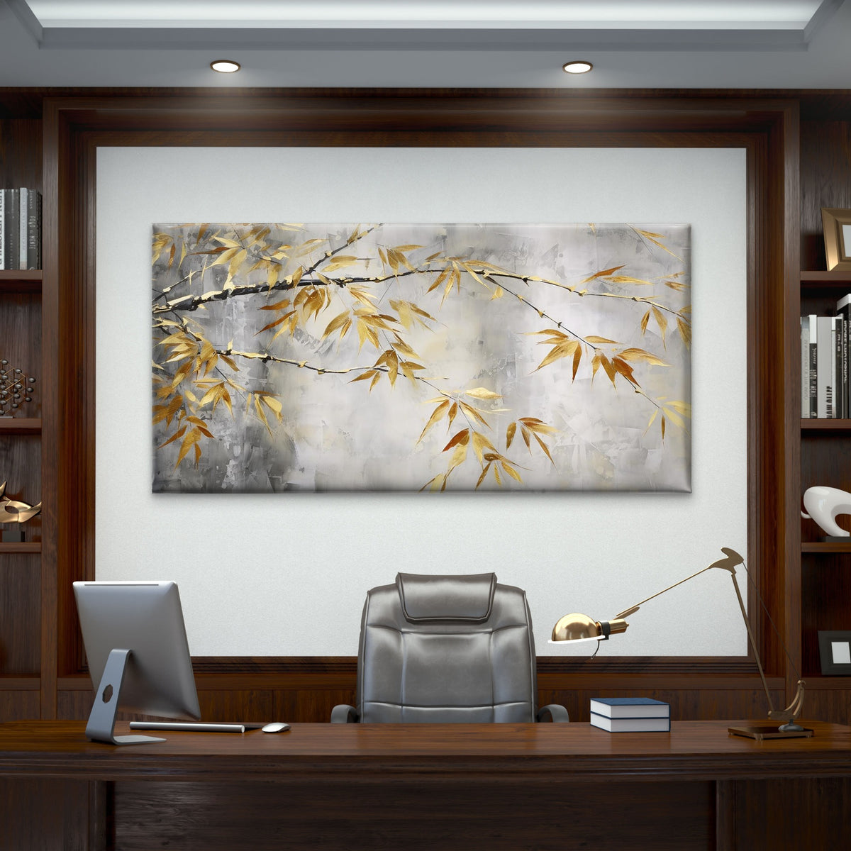 Golden Zen Bamboo Leaf Branch Wall Art Canvas Office Home Room Framed 120x60cm