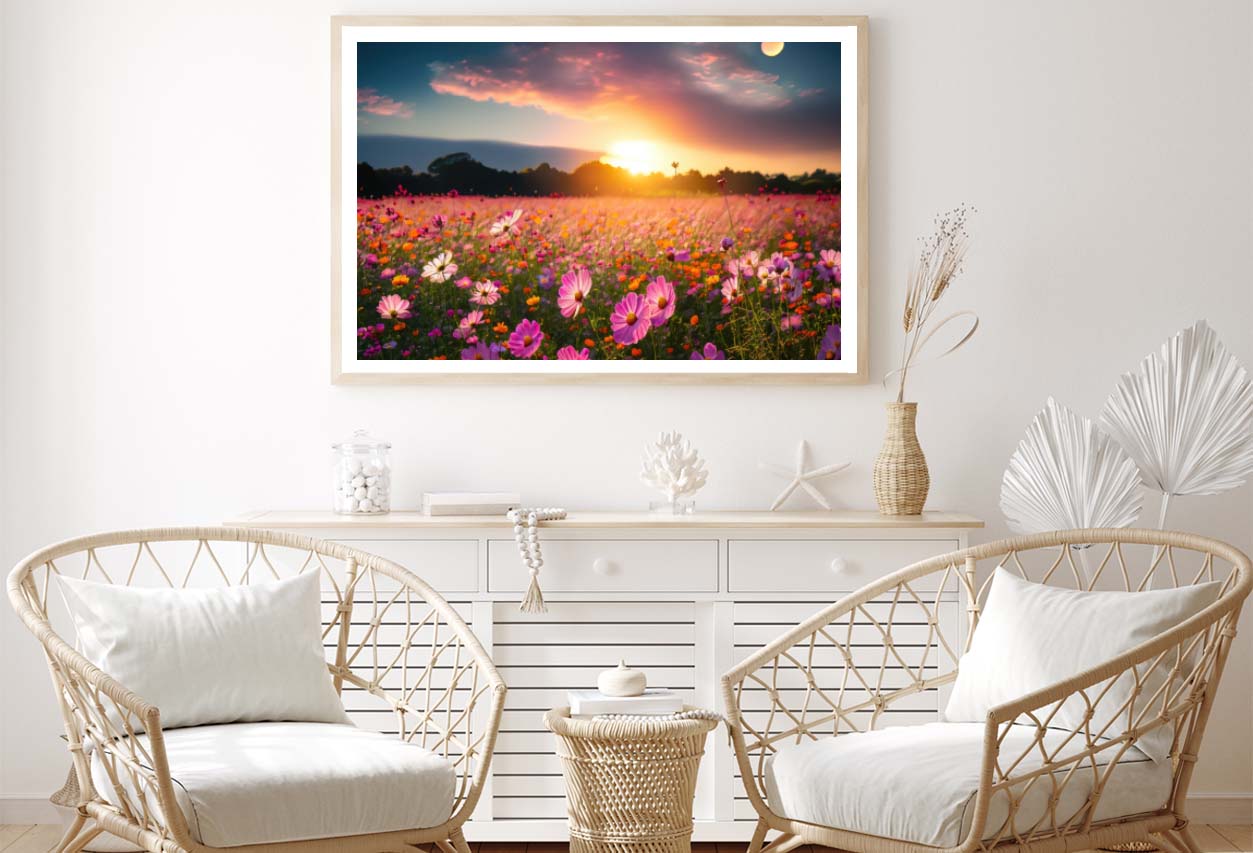 Beautiful and Amazing Cosmos Flower Field in Sunset Home Decor Premium Quality Poster Print Choose Your Sizes