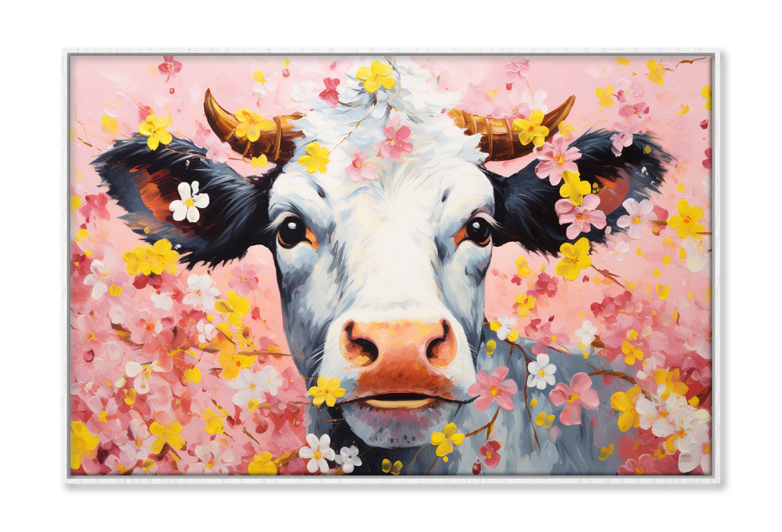 Cow Face in Blossom Flowers Oil Painting Wall Art Limited Edition High Quality Print Canvas Box Framed White