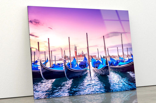 Gondolas Lined Up in The Water at Sunset Acrylic Glass Print Tempered Glass Wall Art 100% Made in Australia Ready to Hang