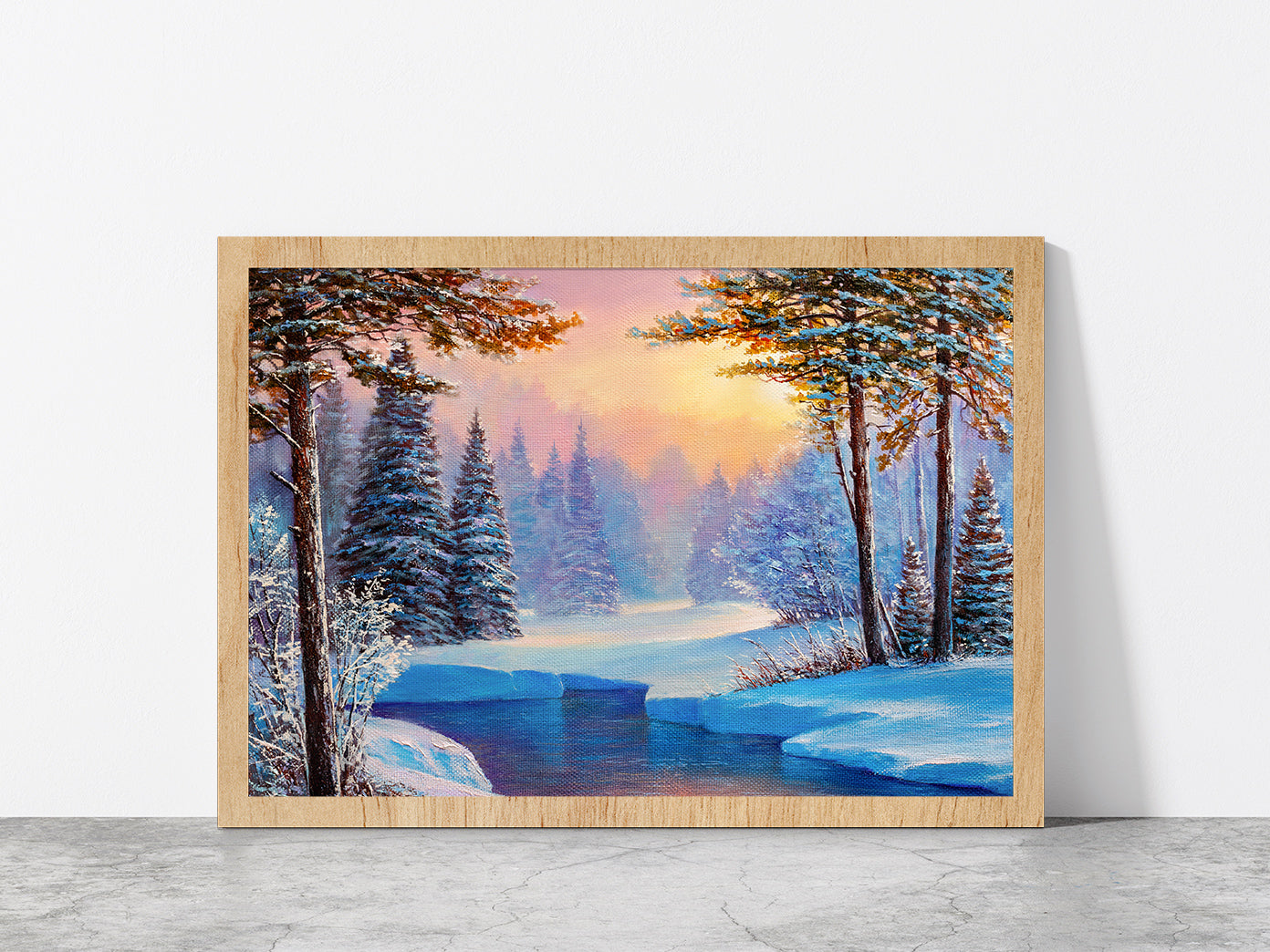 Winter Landscape With The River Glass Framed Wall Art, Ready to Hang Quality Print Without White Border Oak