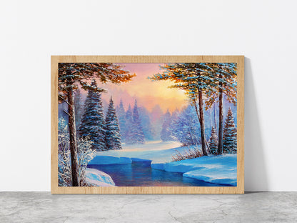 Winter Landscape With The River Glass Framed Wall Art, Ready to Hang Quality Print Without White Border Oak