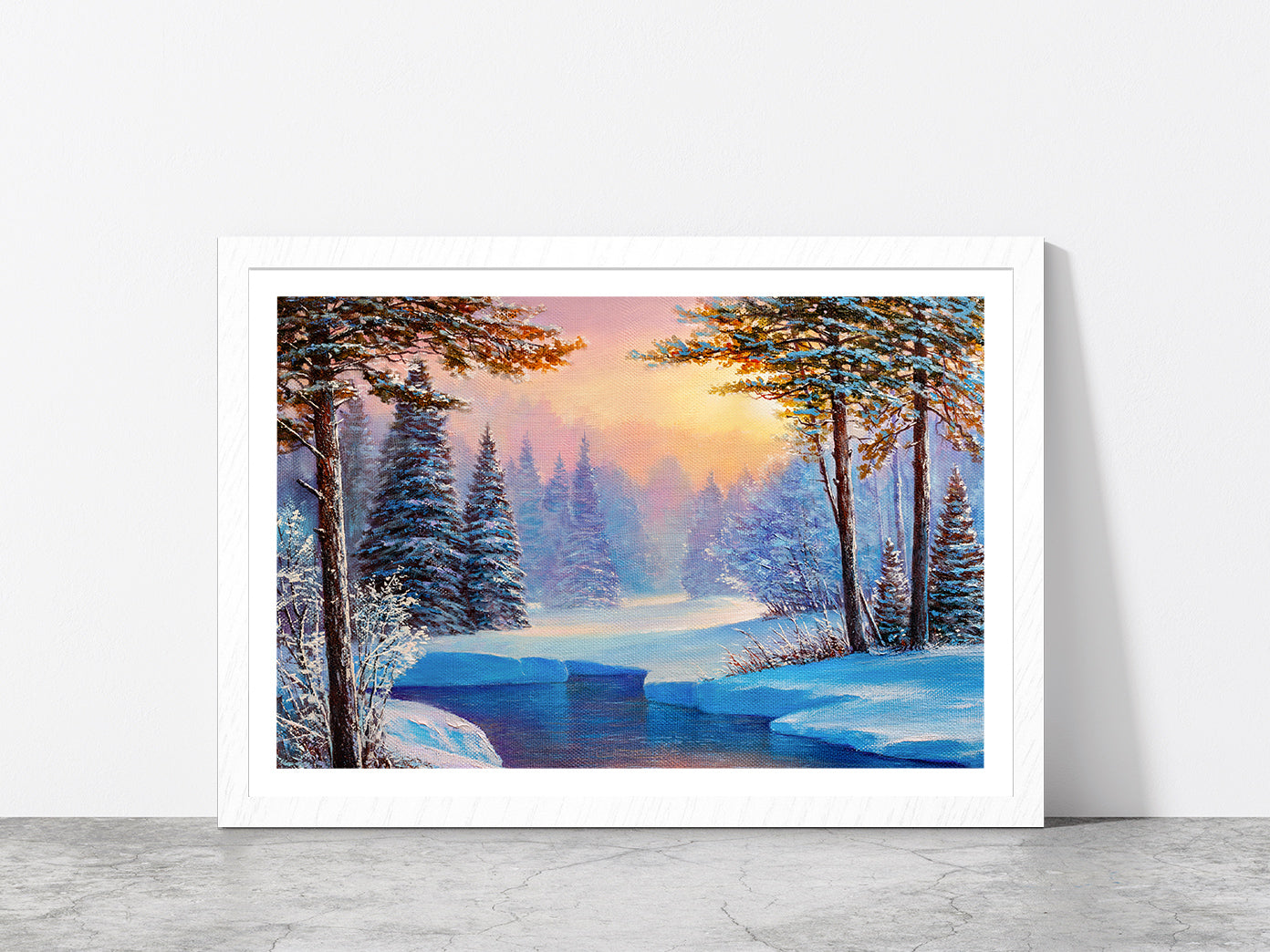 Winter Landscape With The River Glass Framed Wall Art, Ready to Hang Quality Print With White Border White