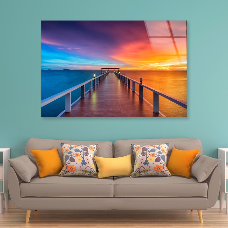 Landscape Of Wooded Bridge in The Port Between Sunrise Acrylic Glass Print Tempered Glass Wall Art 100% Made in Australia Ready to Hang