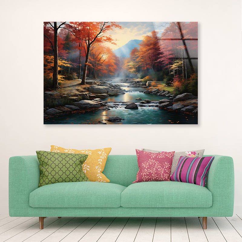 Waterfall in Autumn Forest Acrylic Glass Print Tempered Glass Wall Art 100% Made in Australia Ready to Hang