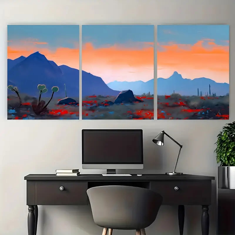 3pcs Blue Desert Mountain Range Sunset Metal Print Ready to Hang Art