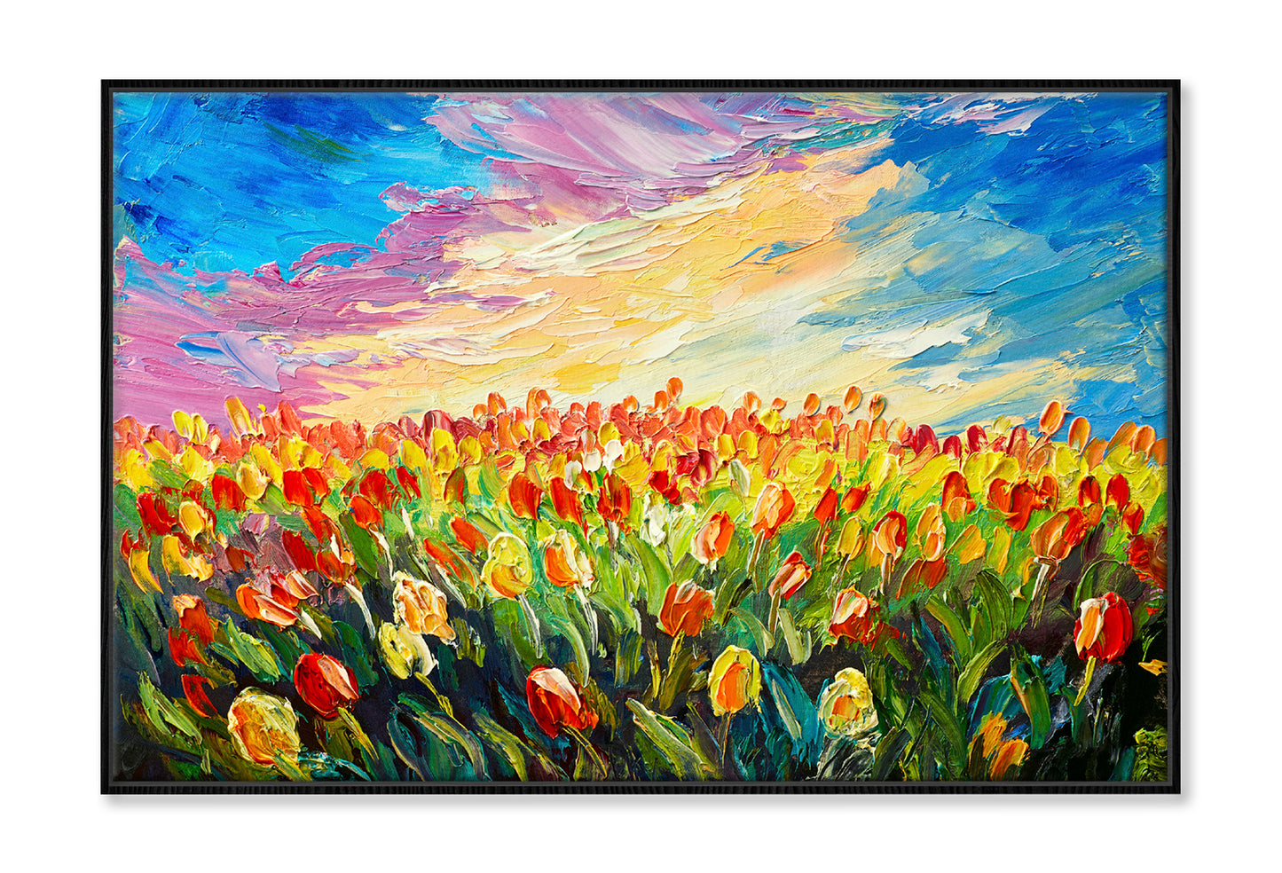 Tulips Flower Field under Sunrise Sky Oil Painting Wall Art Limited Edition High Quality Print Canvas Box Framed Black