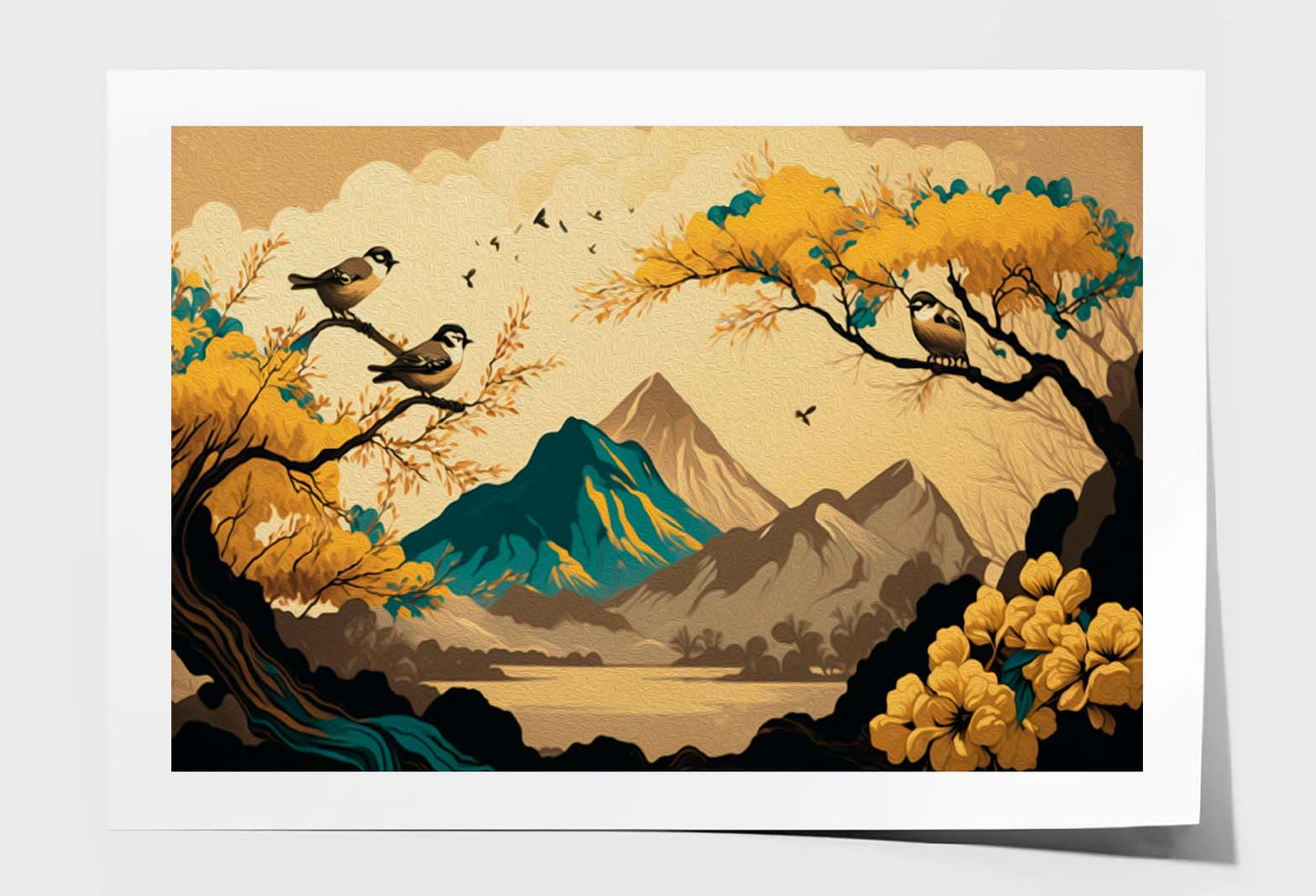 Brown Trees with Golden Flowers and Turquoise Wall Art Limited Edition High Quality Print