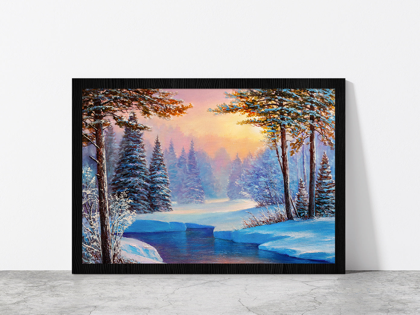 Winter Landscape With The River Glass Framed Wall Art, Ready to Hang Quality Print