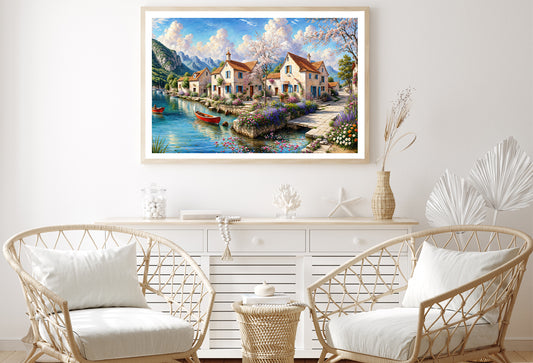 Oil Painting of a Small Town with Mountains Home Decor Premium Quality Poster Print Choose Your Sizes