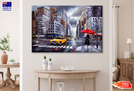 Street View of New York, Woman under a Red Umbrella Wall Art Limited Edition High Quality Print