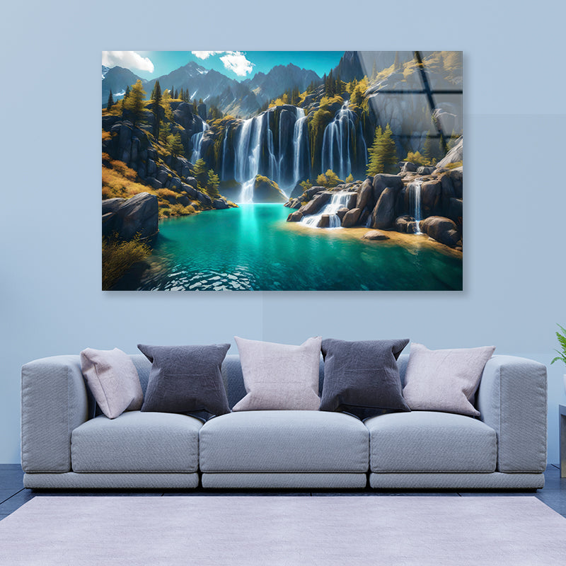 Waterfall, Mountains & Clear Blue Sky Acrylic Glass Print Tempered Glass Wall Art 100% Made in Australia Ready to Hang