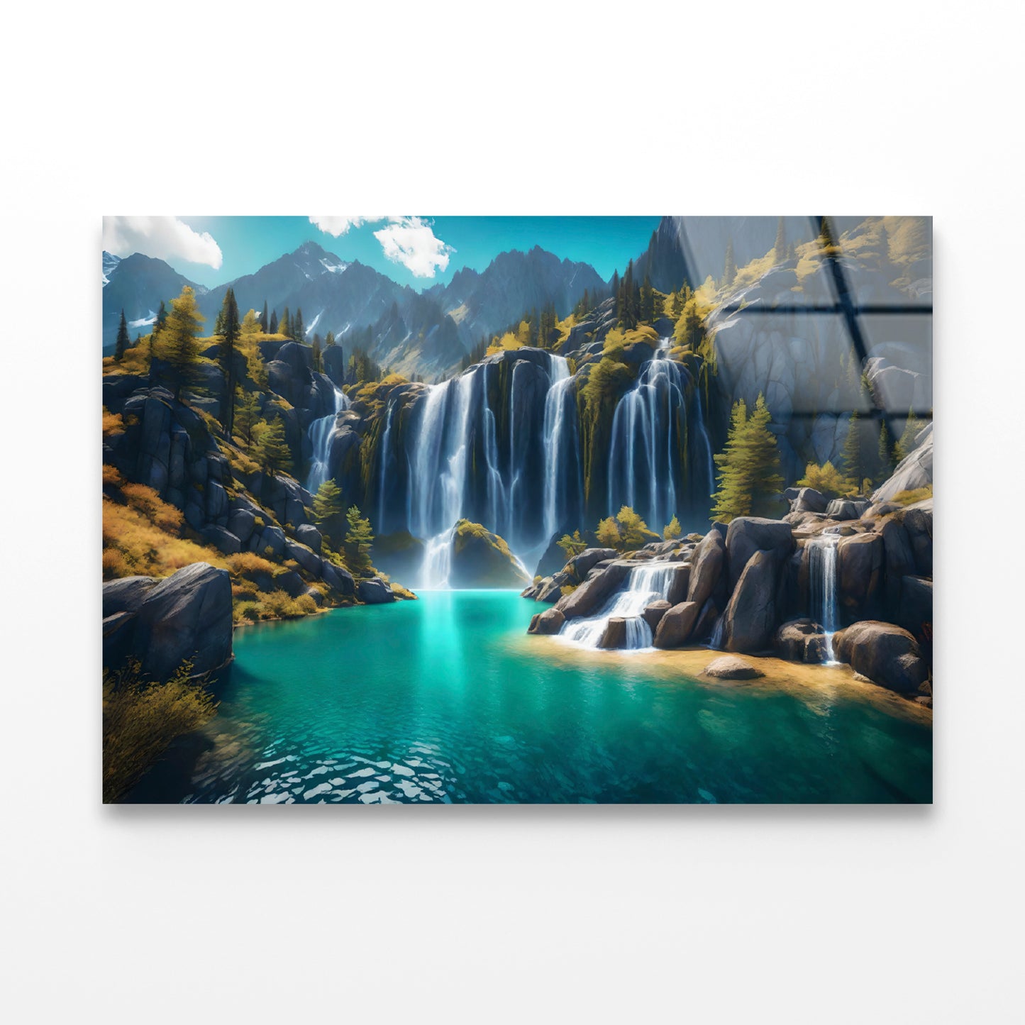 Waterfall, Mountains & Clear Blue Sky Acrylic Glass Print Tempered Glass Wall Art 100% Made in Australia Ready to Hang