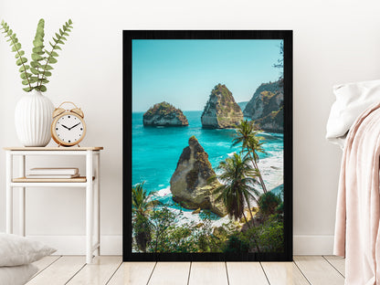 Deserted Beach Photograph Nusa Penida Island Glass Framed Wall Art, Ready to Hang Quality Print Without White Border Black