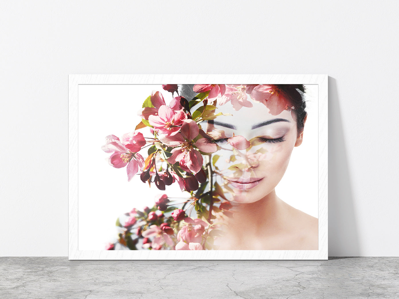 Girl With Flowers Show Nature Glass Framed Wall Art, Ready to Hang Quality Print Without White Border White