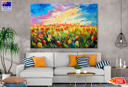 Tulips Flower Field under Sunrise Sky Oil Painting Wall Art Limited Edition High Quality Print