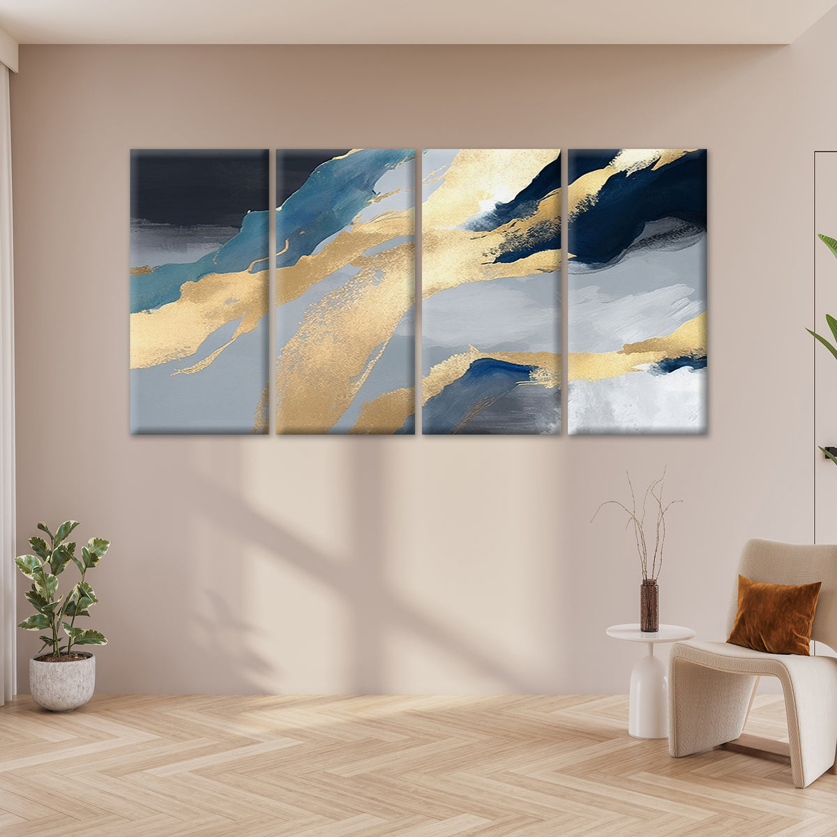 4pcs Modern Luxury Golden Fluid Brush Art Wall Art Canvas Framed 45x80cm - High Quality Print 100% Australian Made Wall Canvas Ready to Hang