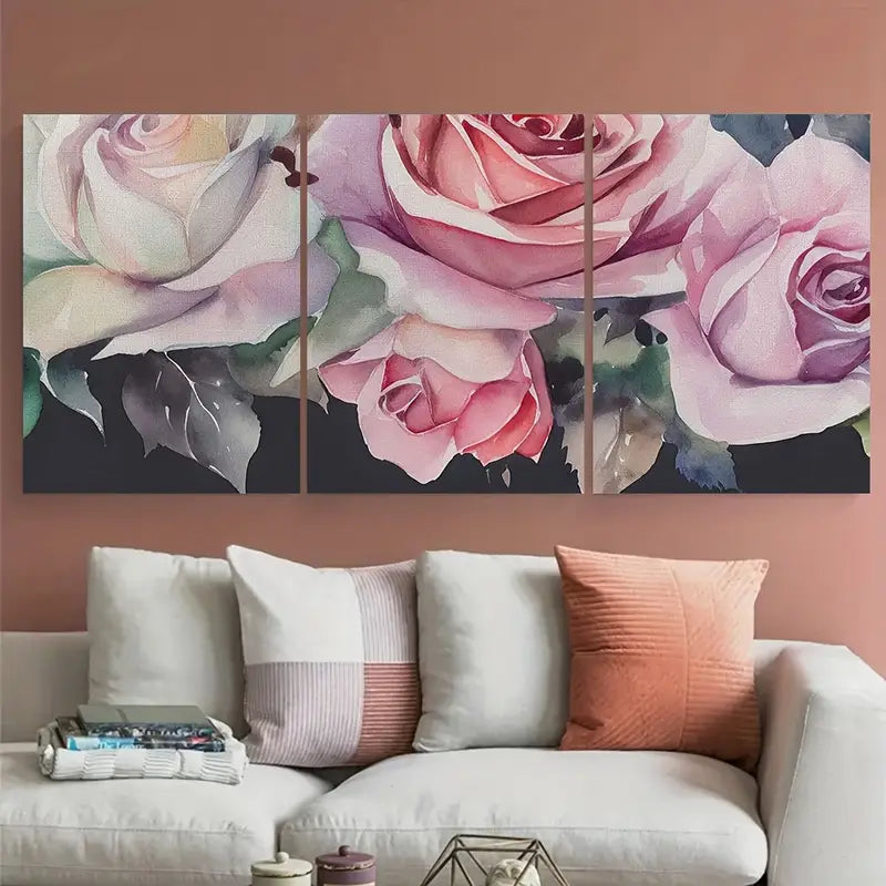 3pcs Pretty Roses Watercolor Purple Metal Print Ready to Hang Art