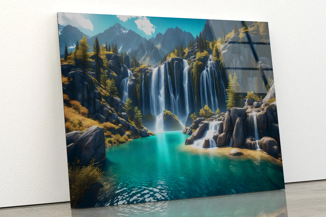 Waterfall, Mountains & Clear Blue Sky Acrylic Glass Print Tempered Glass Wall Art 100% Made in Australia Ready to Hang