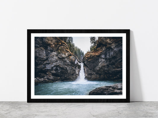 Forest In a Rocky Waterfall Glass Framed Wall Art, Ready to Hang Quality Print With White Border Black