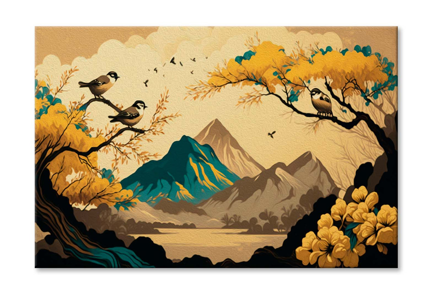 Brown Trees with Golden Flowers and Turquoise Wall Art Limited Edition High Quality Print