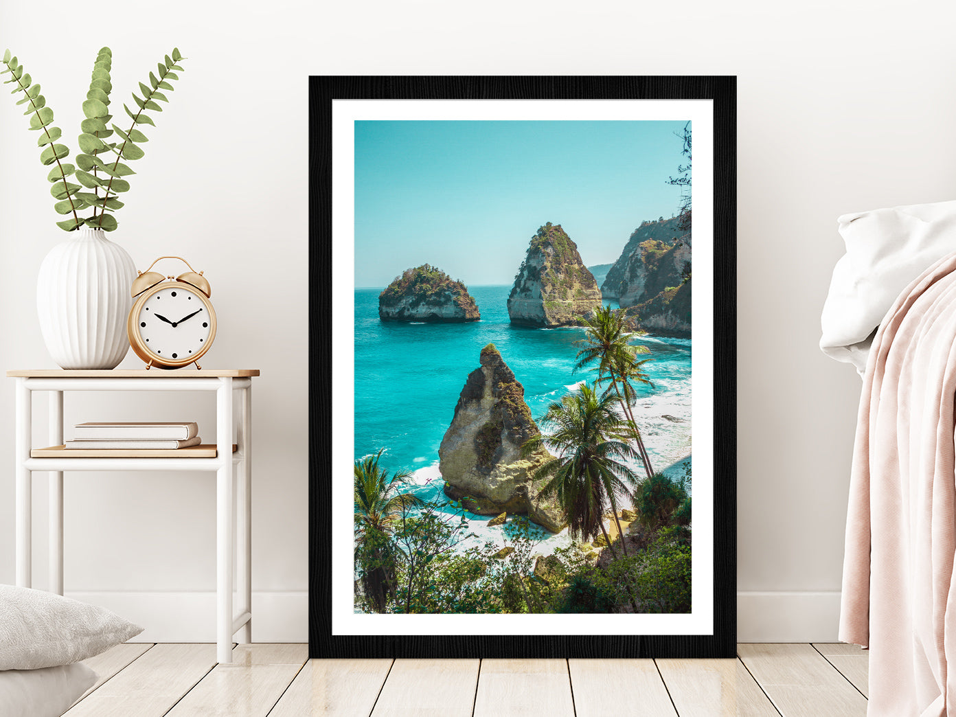 Deserted Beach Photograph Nusa Penida Island Glass Framed Wall Art, Ready to Hang Quality Print With White Border Black