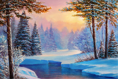 Winter Landscape With The River Glass Framed Wall Art, Ready to Hang Quality Print