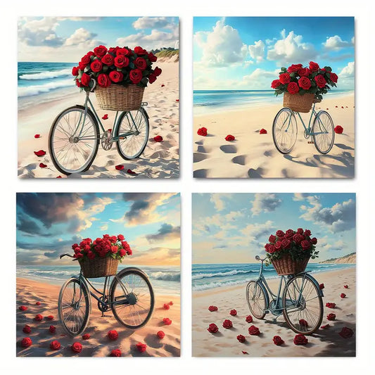 4pcs Bicycle Wooden Basket Red Flower Wall Art Canvas Framed