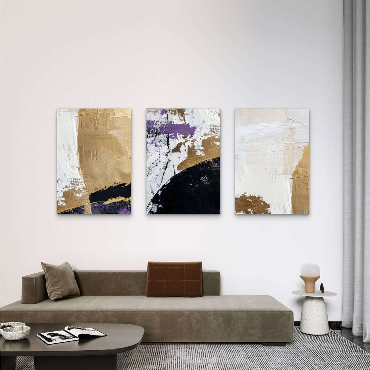 3pcs Modern Abstract Purple Gold Black Wall Art Set Canvas Framed 40x60cm - High Quality Print 100% Australian Made Wall Canvas Ready to Hang
