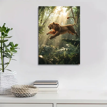 Lion Jumping in Jungle Golden Hour Scene 40x60cm Metal Print Ready to Hang